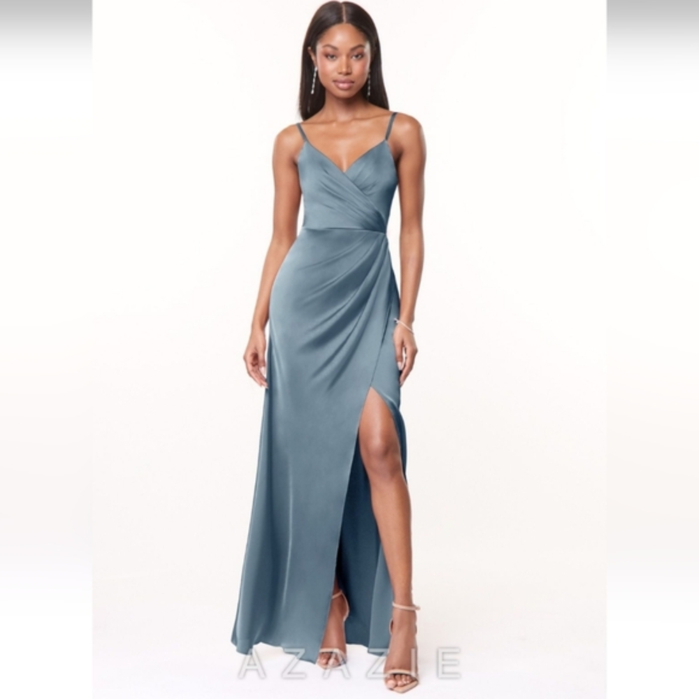 Azazie Maci Bridesmaid Dress (NWT, Size 6, Stretch Satin, Dusty Blue)